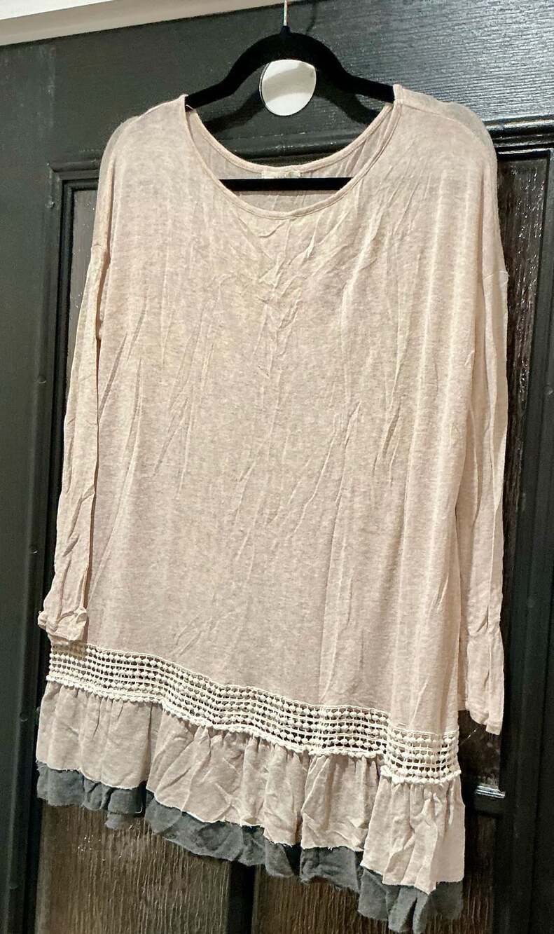Easel Long Sleeve Tunic Top Size S Beige Crochet Hem Layered Ruffle